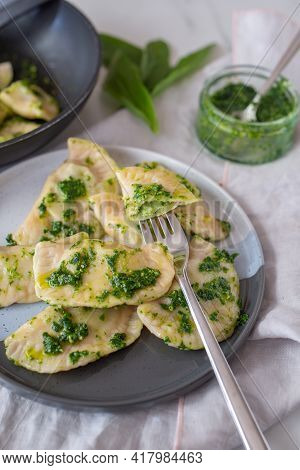 Pierogi Ruskie, Baked Dumplings Stuffed With Curd Cheese And Potatoes And Wild Garlic