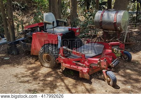Old Gas-mowers In A Decorative Truss Botanical Garden Emek Hefer