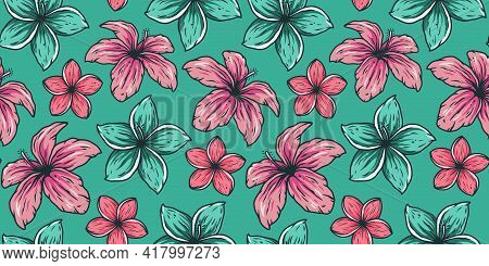 Hawaii Flower Seamless Pattern. Nature Tropical Floral Bud Wallpaper For Tiki Bar. Exotic Bloom Or P