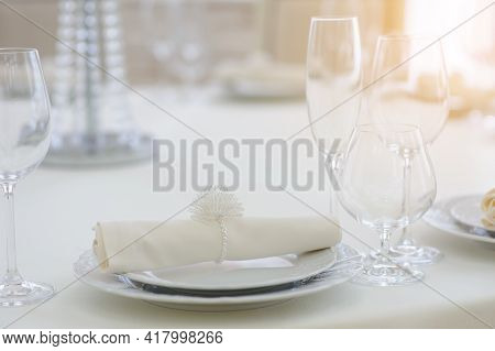 The Banquet Hall With Round Tables, With Cutlery, Clouse View