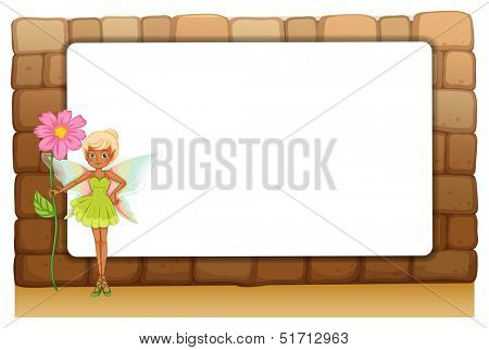 Illustration of a fairy holding a giant flower beside an empty blankboard on a wall on a white background 