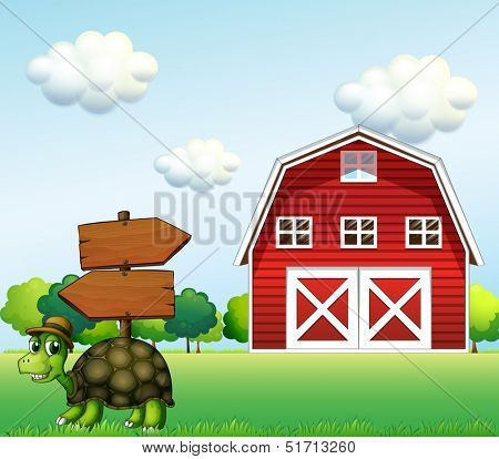 Illustration of a  turtle with a wooden arrow board and a barn at the back
