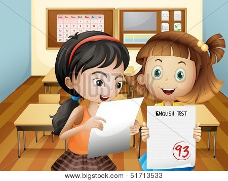 Illustration of the two girls holding their exam results