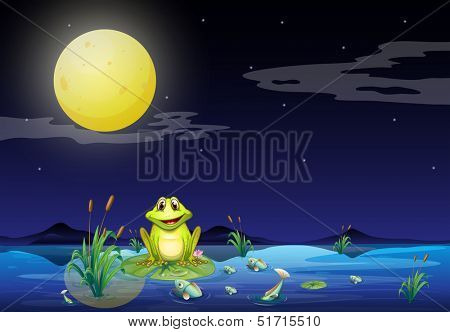 Illustration of the frog and fishes at the lake under the bright fullmoon