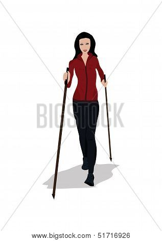 Young Woman Practising Nordic Walking