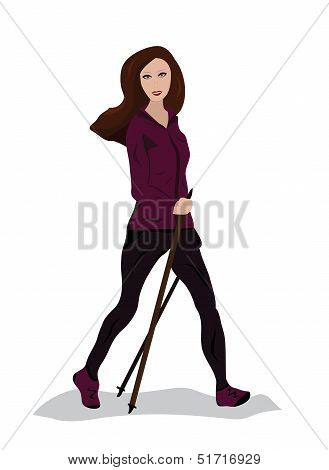 Young Woman Practising Nordic Walking