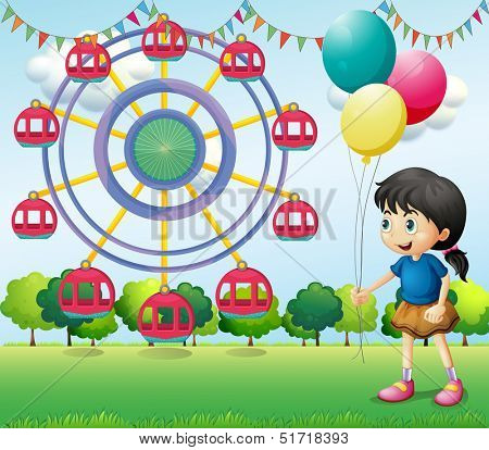 Illustration of a girl holding balloons at the carnival