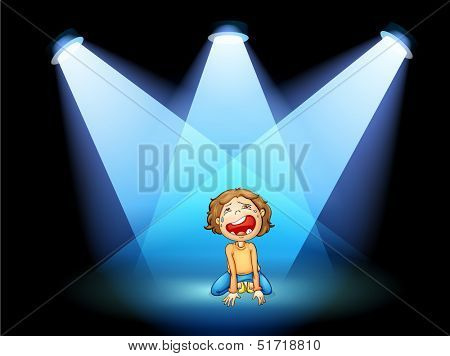 Illustration of a girl crying in the middle of the stage with spotlights 
