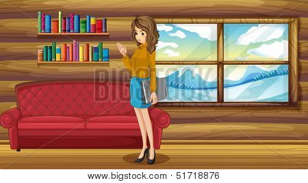 Illustration of a lady standing with a binder near the sofa