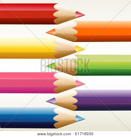 Illustration of the seven colorful pointed pencils on a white background