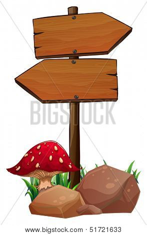 Illustration of a red mushroom near the wooden arrowboards on a white background 