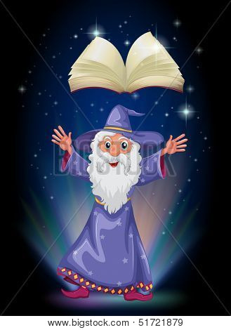 Ilustration of an old wizard below the floating empty book