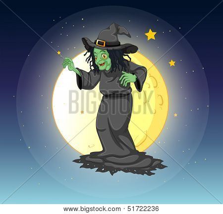 Illustration of a witch at the fullmoon 