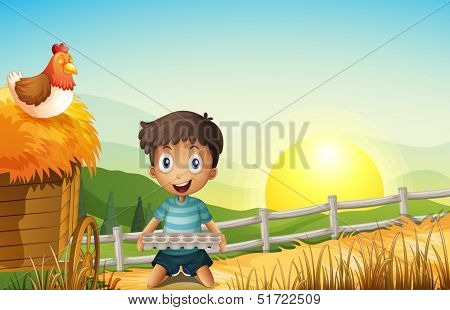 Illustration of a boy in the farm holding an empty egg tray