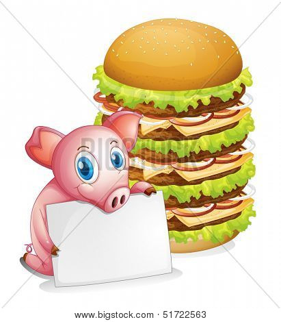 Illustration of a pig holding an empty paper beside a pile of burgers on a white background