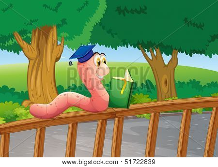 Illustration of a worm reading a book above the wooden fence