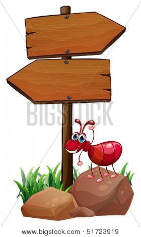 Illustration of an ant above a rock beside the empty wooden arrowboards on a white background 