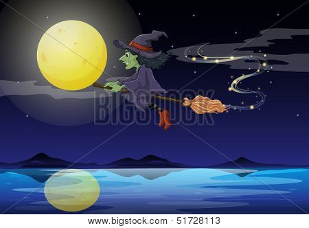 Illustration of a witch riding on a broom in a moonlight scenery 