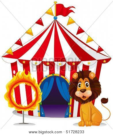 Illustration of a lion and a fire ring in front of the circus tent on a whie background