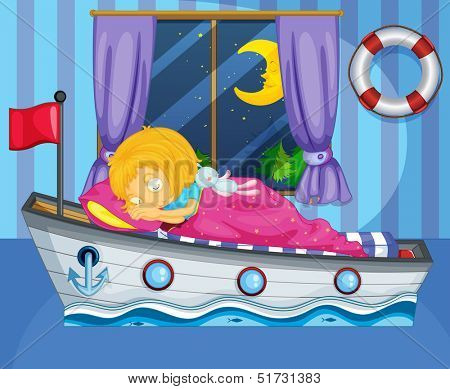 Illustration of a girl sleeping on her boat-like bed