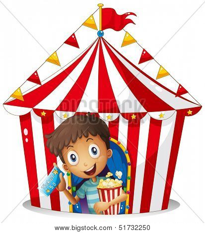 Illustration of a young boy with a ticket and a popcorn near the tent on a white background