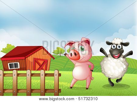 Illustration of a farm with a pig and a sheep