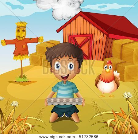 Illustration of a boy holding an empty egg tray at the farm with a scarecrow