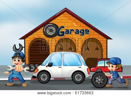 Illustration of a luxury car in front of an autoshop