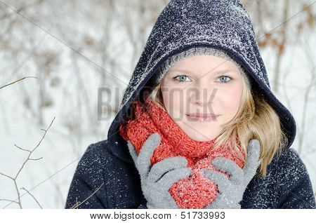 Young Blond Woman With Beanie And Scarf Winter Wood Portrait