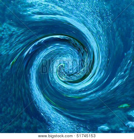 A hurricane or tornado-like abstract with debris being pulled into the vortex. Partial blur indicates speed. Rendered from a natural spring with fish.