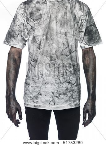 Very dirty man towards white background