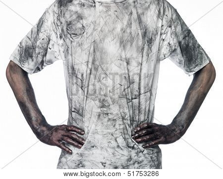 Man with a dirty shirt towards white background