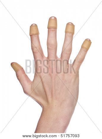 Hand with bandaid isolated on a w hite background
