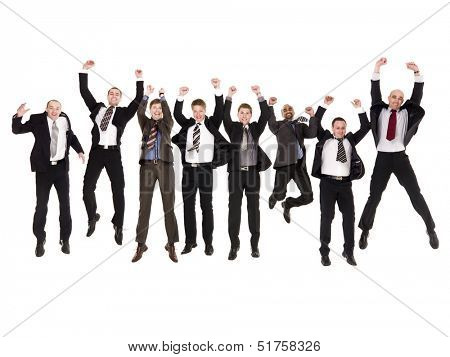 Group of jumping businessmen isolated on white background