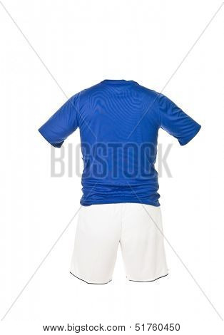Blue football shirt with white shorts isolated on white background