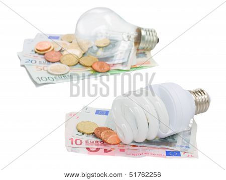 energy saving and normal   bulbs on euro