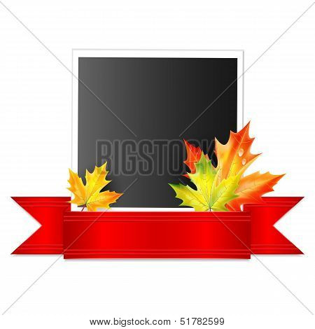 Photo With A Red Ribbon And Autumn Maple Leaves Isolated On White Background.vector