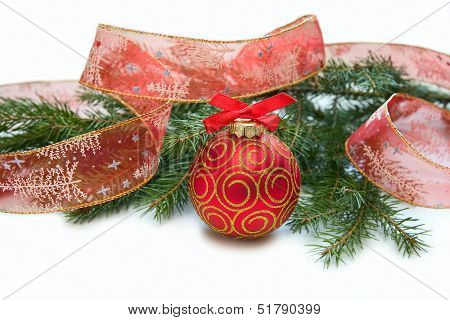 Christmas Red Ball, Twig Of Fir , Ribbon With Drawing Of Tree Ana Star
