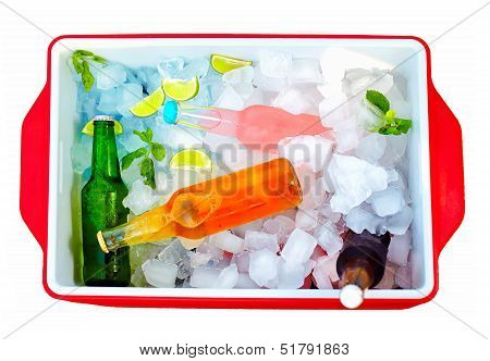 Chilled Colorful Beverages In Ice Box. Summer Party