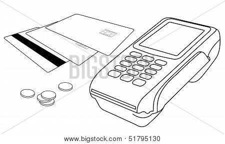 Outlines of POS terminal, credit cards and few coins