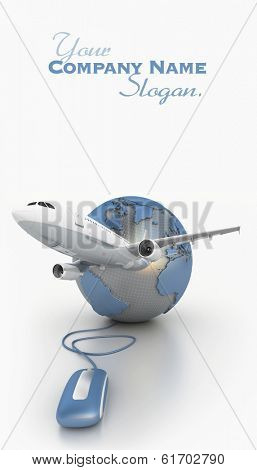 3D rendering of a world map connected to a computer mouse and a plane taking off 