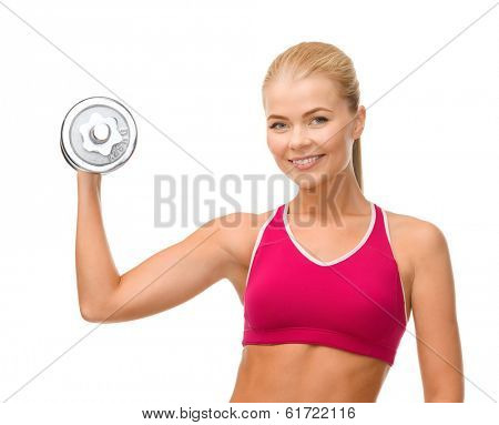 fintess, healthcare and dieting concept - young sporty woman with heavy steel dumbbell