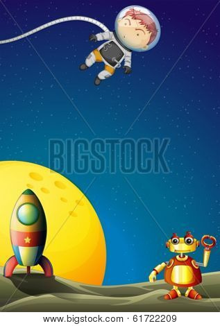 Illustration of an astronaut and a robot in the outerspace