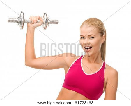 fintess, healthcare and dieting concept - young sporty woman with heavy steel dumbbell