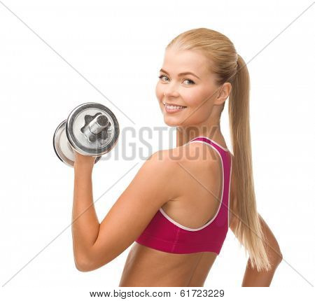 fintess, healthcare and dieting concept - young sporty woman with heavy steel dumbbell