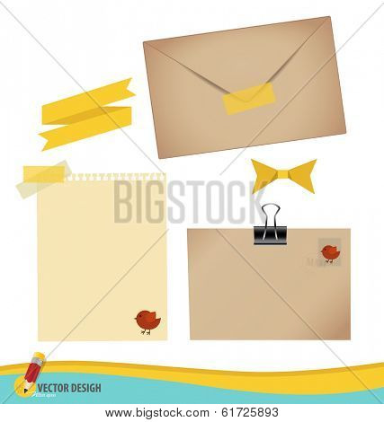 Collection of various papers, ready for your message. Vector illustration set: envelope, stamp, tape, ribbon and blank paper designs.