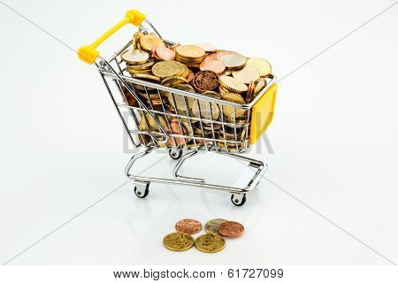 a shopping cart is well stocked with euro coins, symbolic photo for purchasing power and consumption