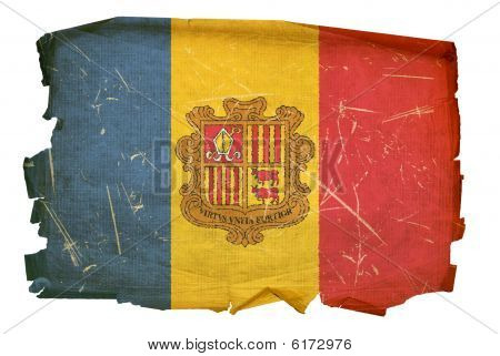 Andorra flagga gamla, isolerad på vit bakgrund