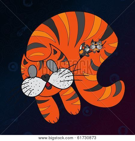 Red cute funny cat sleep with  kittens.
