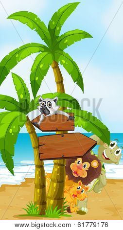 Illustration of the wild animals at the beach with arrowboards